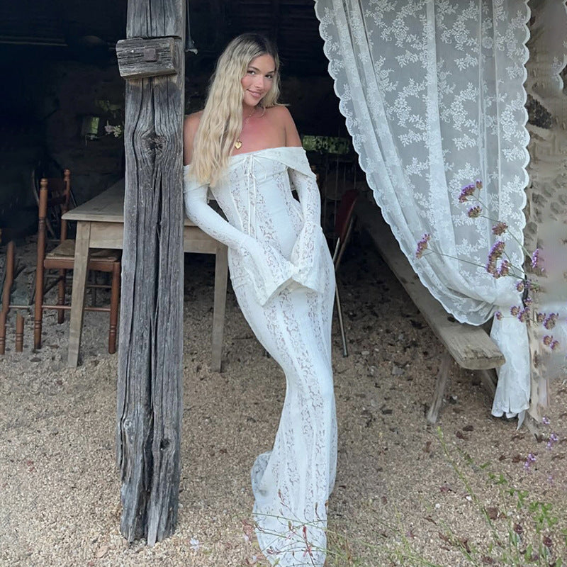 Autumn Winter Women Clothing off Neck Sexy Long Sleeve off Shoulder Lace Hollow Out Cutout out Slim Fit Fishtail Bella Mia